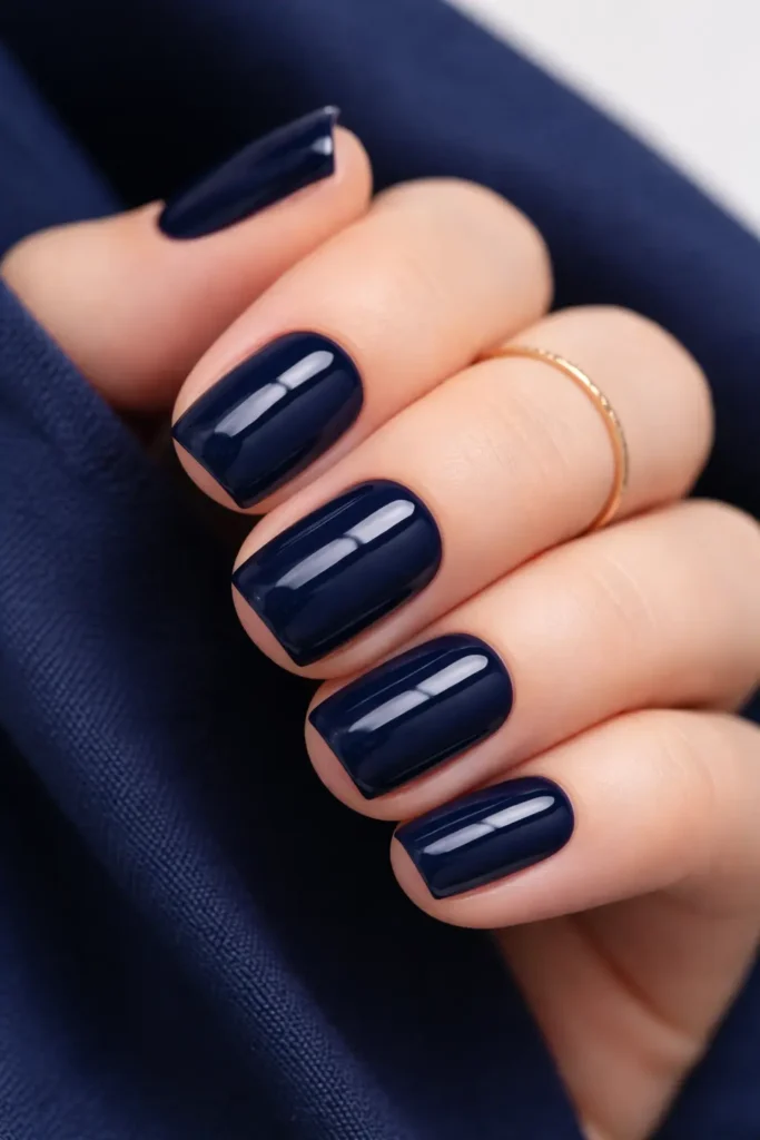 Navy blue nails on short square shape with glossy finish