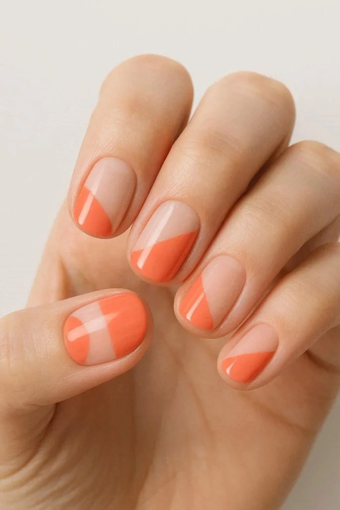 Negative space coral nails with geometric coral cutouts over bare unpolished nail showing a modern half moon design