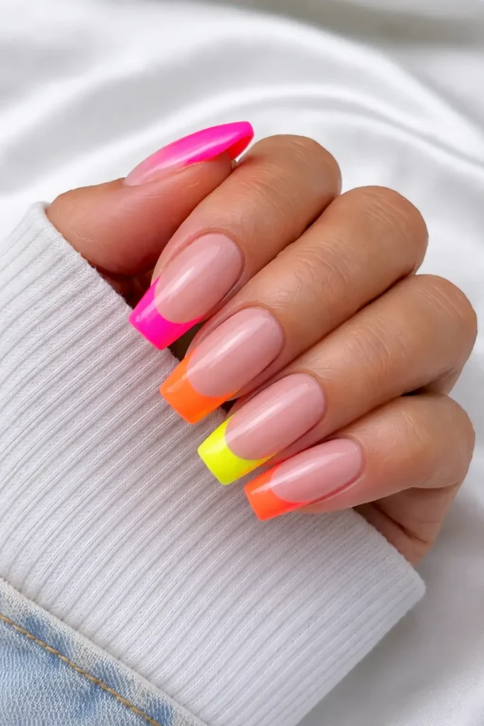 Neon french tip nails with electric pink yellow and green tips on nude base short square nails