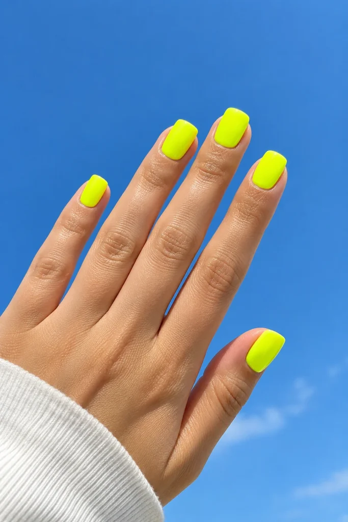 Neon highlighter yellow short square nails with glossy finish