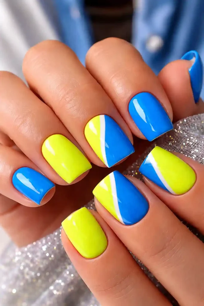 neon lemon yellow and electric blue short square nails