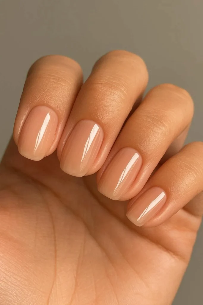 Nude glossy minimal nails on almond-shaped fingers
