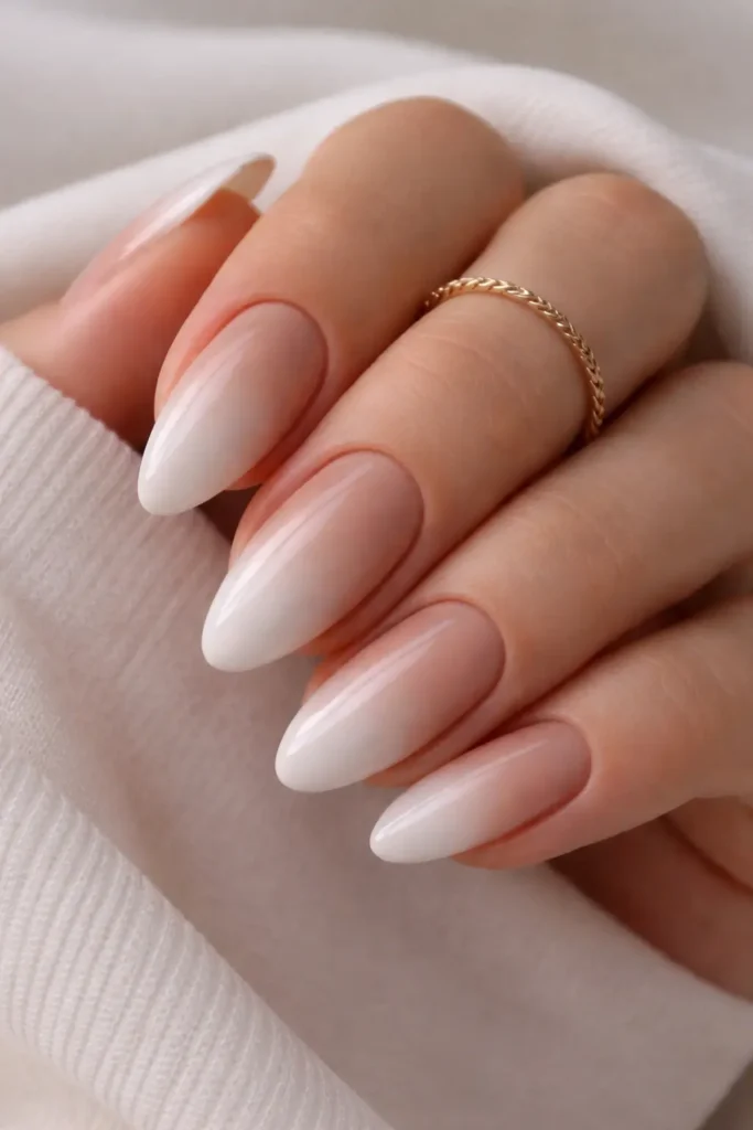 nude ombre nails with warm taupe to porcelain white gradient for a minimalist manicure
