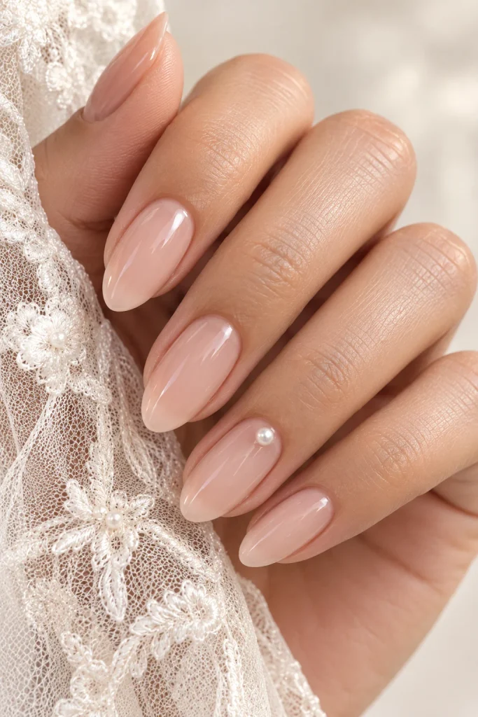 Bare nude almond nails with a single pearl accent