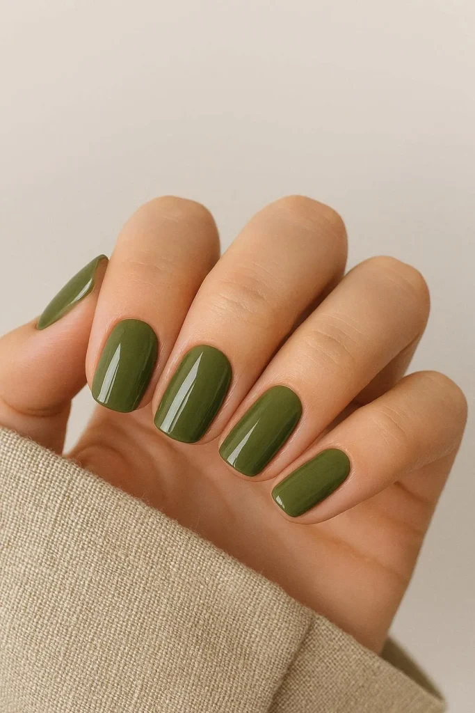Olive green chic nails for summer to fall nail color transition