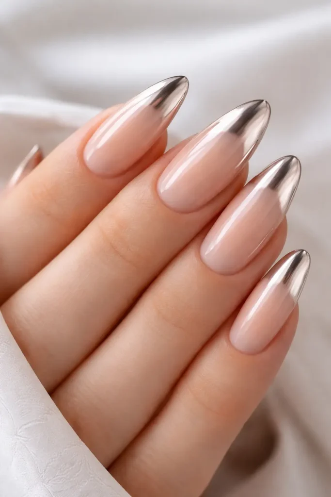 ombre chrome tips with rose gold mirror finish fading over pale nude base on almond nails
