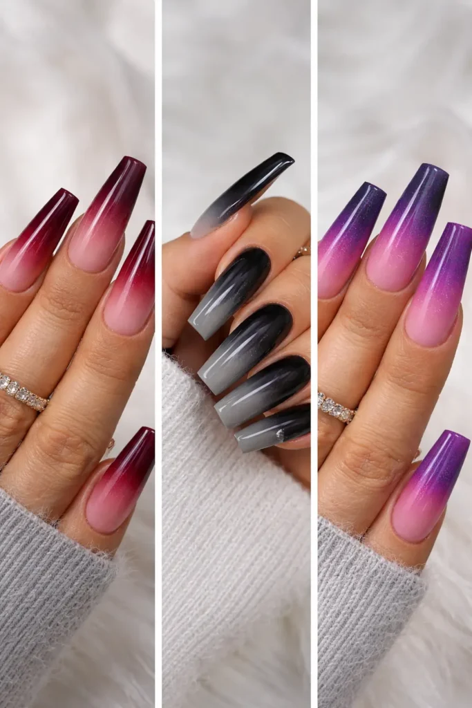 ombre coffin nails with deep burgundy to nude gradient on long acrylic nails
