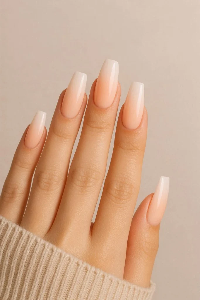 Peach to white ombre coffin shaped acrylic nails