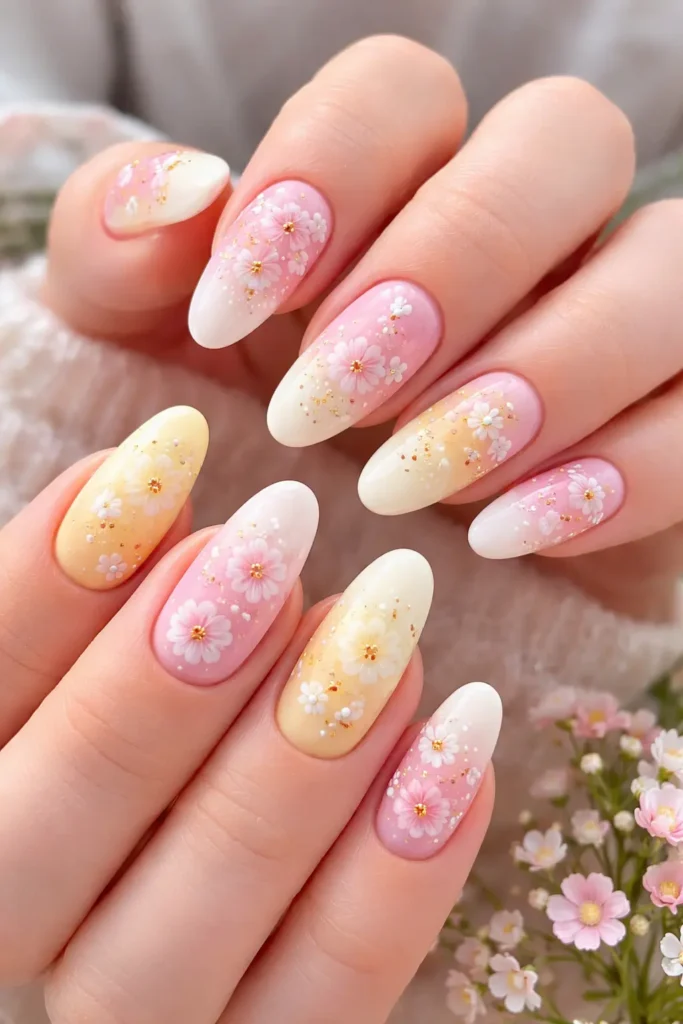 ombre floral nails with hand painted cherry blossoms over pink to white gradient for bridal manicure
