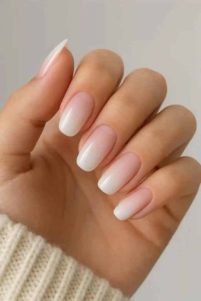 Ombre gel nails blending pink to white gradient on almond shaped nails
