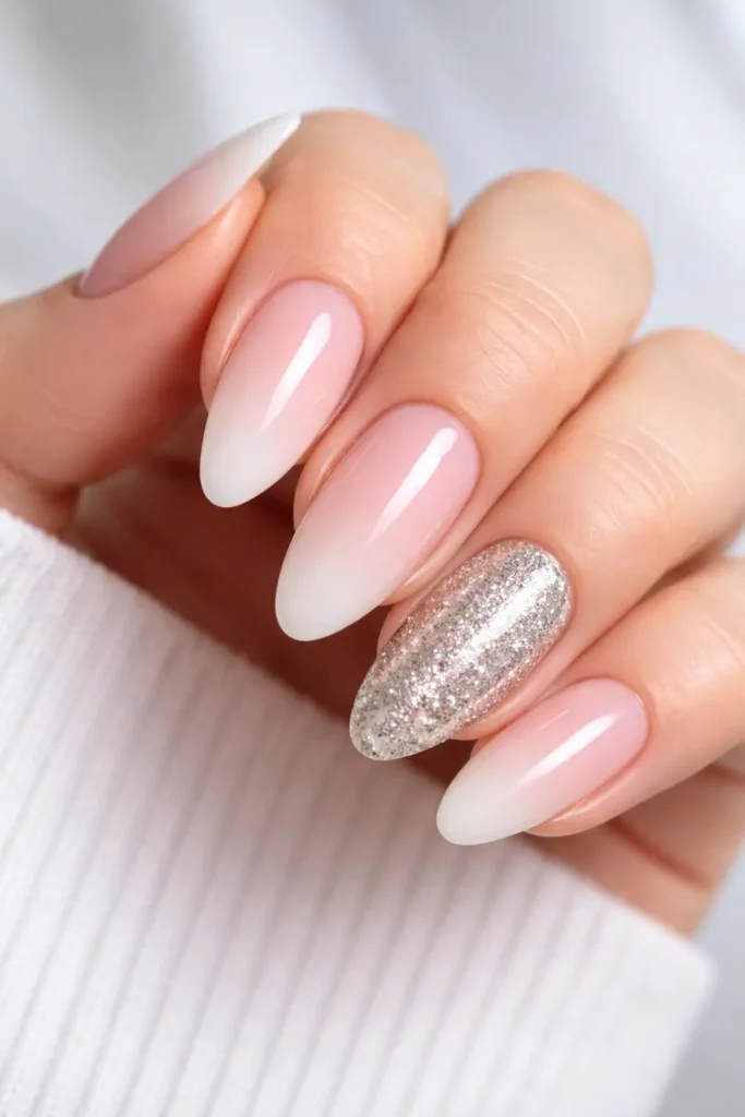 ombre glitter accent nails with nude pink gradient and one full coverage glitter accent nail
