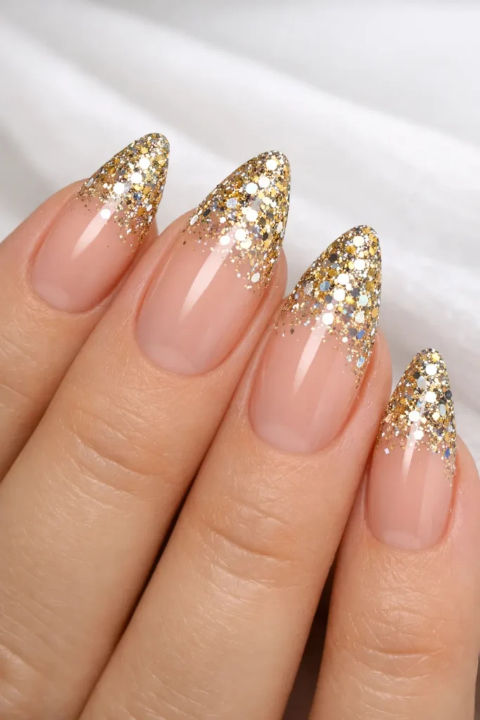 ombre glitter tips with holographic glitter fading over a clean nude base on coffin nails