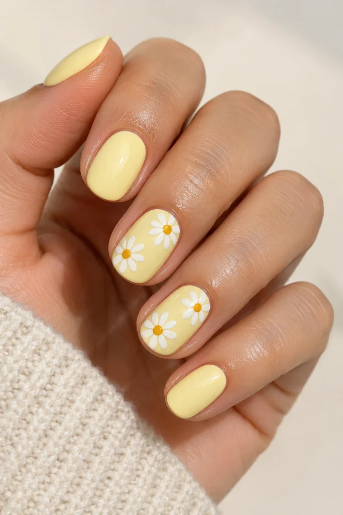 Pale yellow nails with tiny white daisy nail art