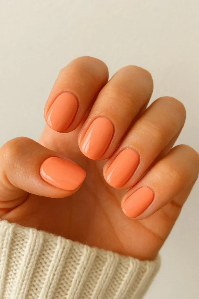 Pastel coral nails with a warm subtle pop of color satin finish
