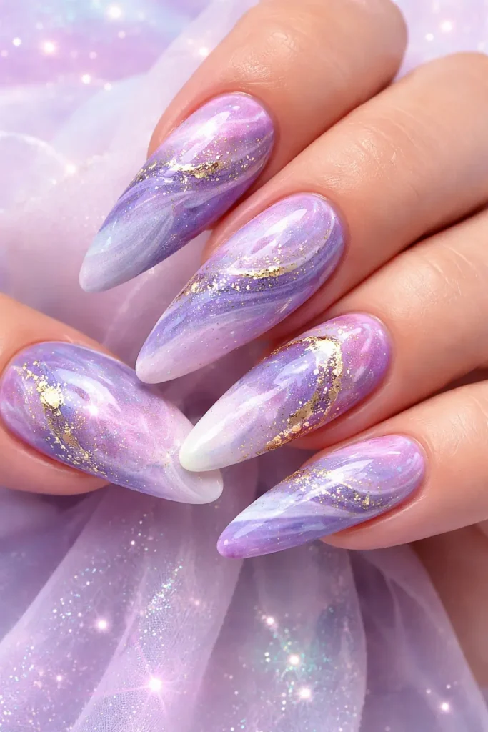 Pastel galaxy swirl nail designs with lavender periwinkle and gold foil flecks