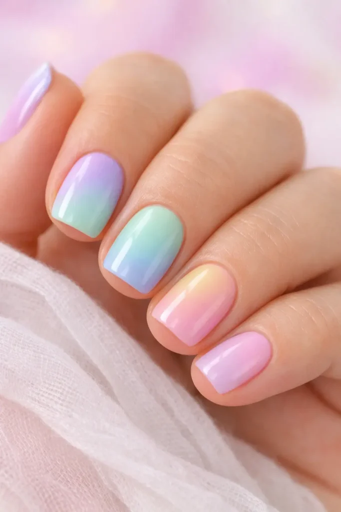 pastel ombre nails blending lavender mint and blush pink on short square nails