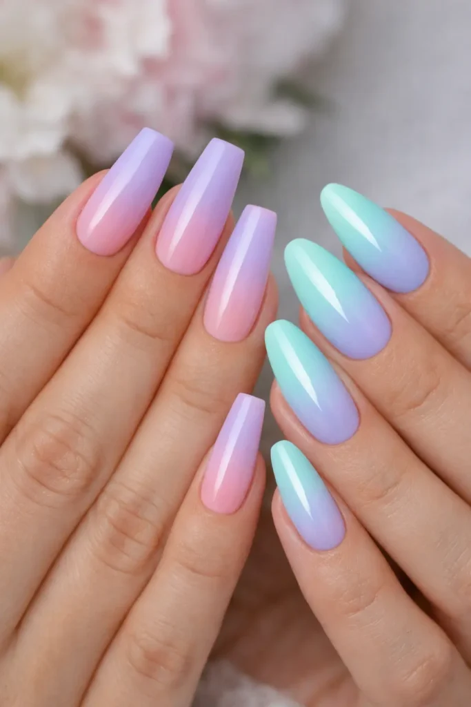  Pastel ombre spring nails blending lilac and soft pink in a watercolor gradient on coffin-shaped nails
