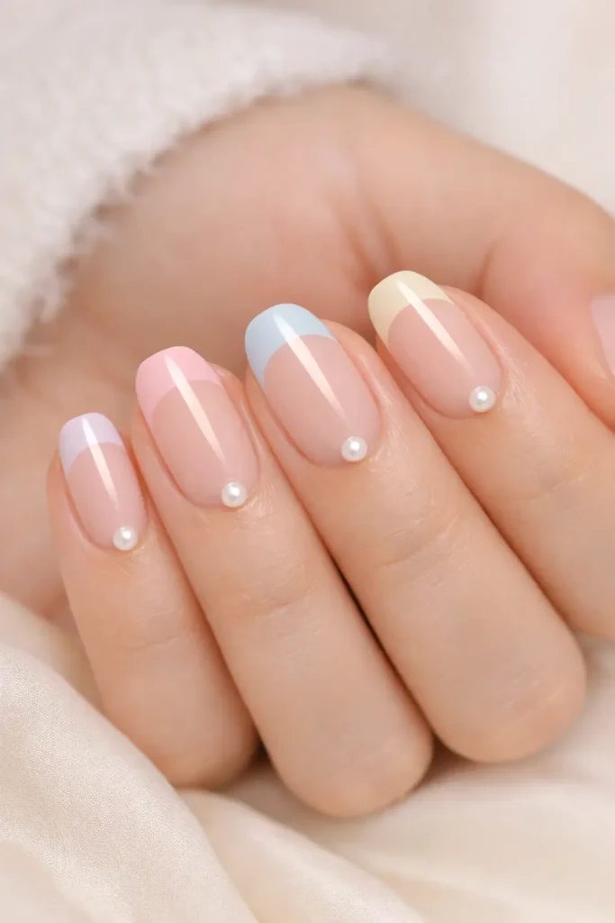 Pastel pearl accent nail designs with sheer pink tips and tiny pearl detail on free edge