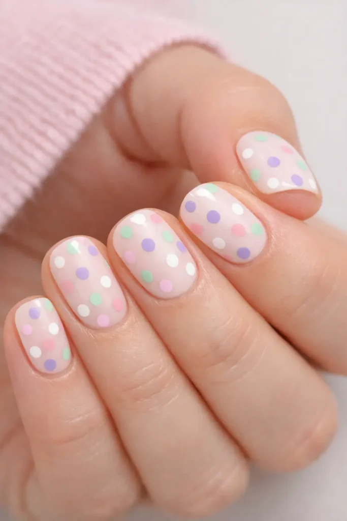 Pastel polka dot nail ideas with lavender mint and blush dots on white base