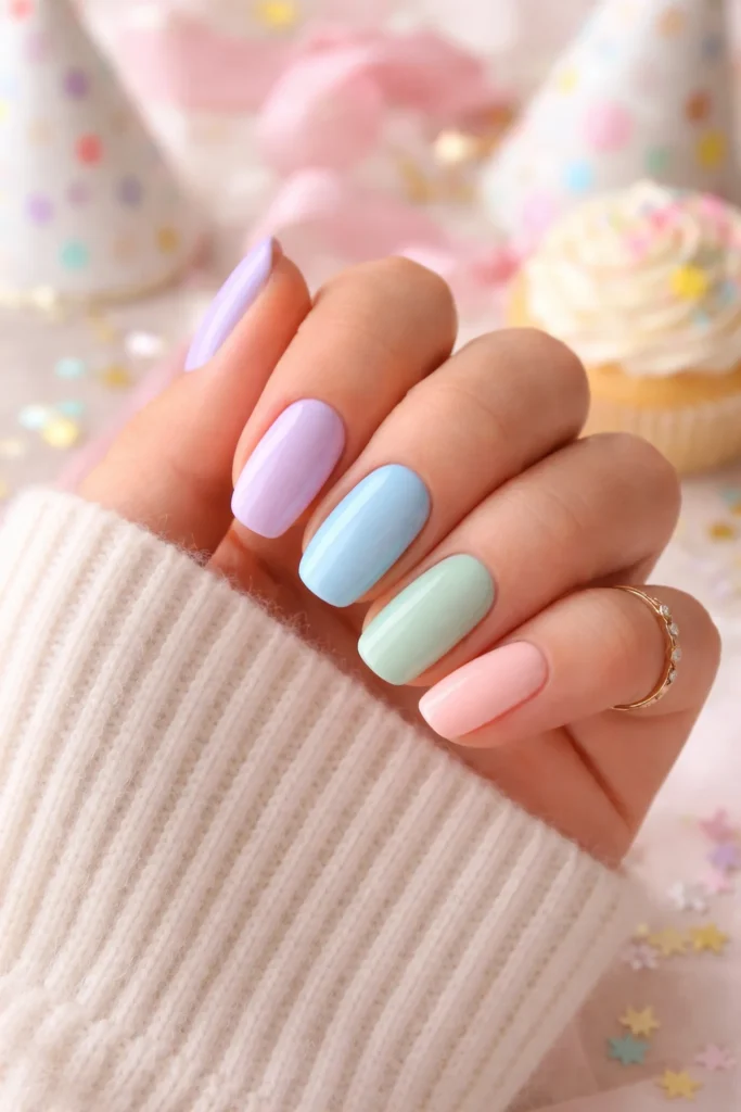 Pastel rainbow birthday nails in lavender blue mint peach and blush