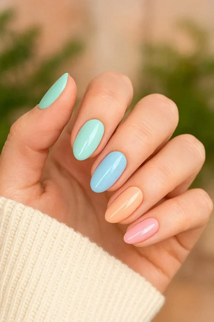 Pastel rainbow spring nails with each nail painted a different soft shade including lavender, mint green, baby blue, peach, and blush pink
