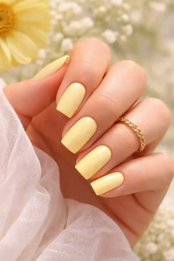 Pastel yellow nails with soft glossy finish
