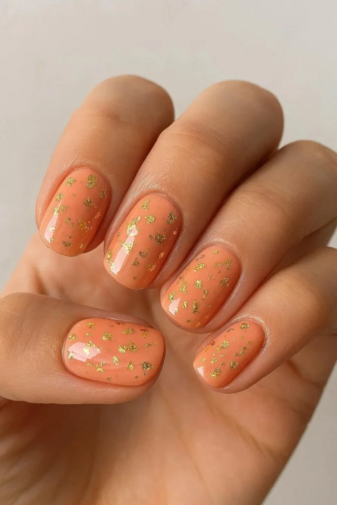 Peach nails with scattered gold foil flakes pressed into a high gloss top coat for a luxurious finish