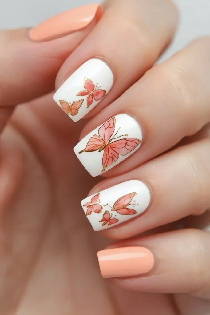 Peach butterfly nail art with watercolor style butterflies in peach coral and gold on a white base as accent nails