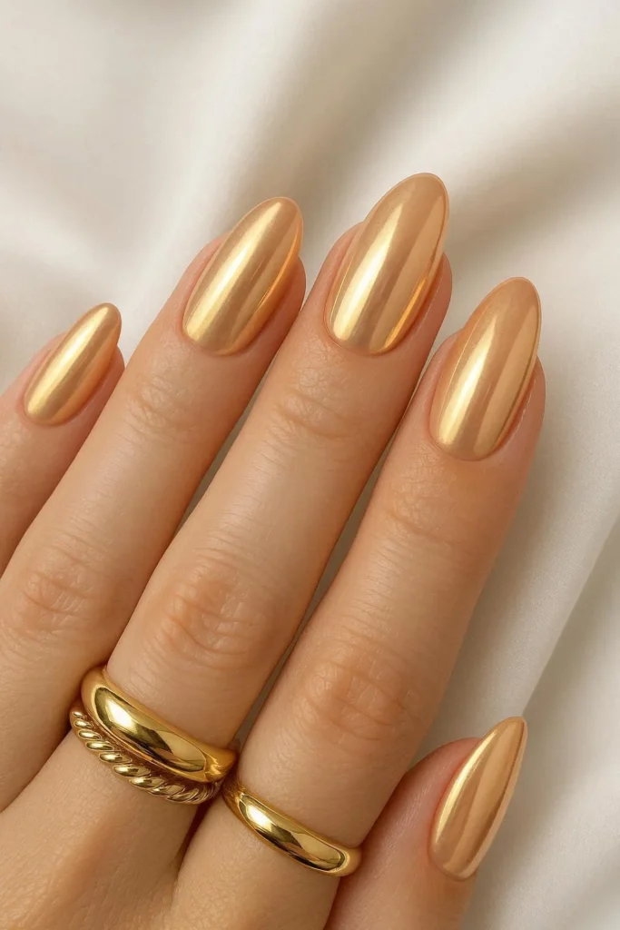 Peach chrome glazed nails with a mirror like metallic finish reflecting warm golden light