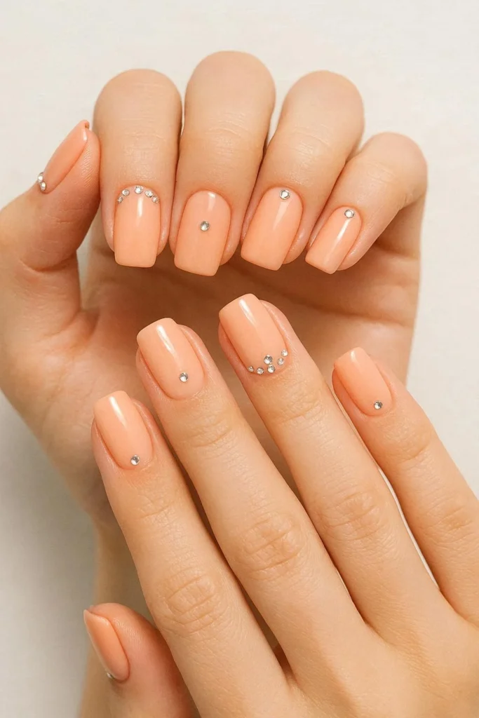 Peach coral nails with micro rhinestones along the cuticle line adding sparkle and glam to a soft base
