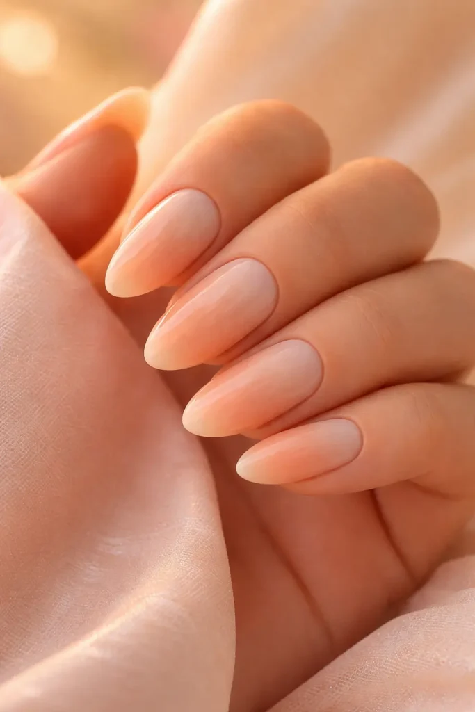 Peach and cream ombre soft pastel nails with golden hour gradient on almond shape
