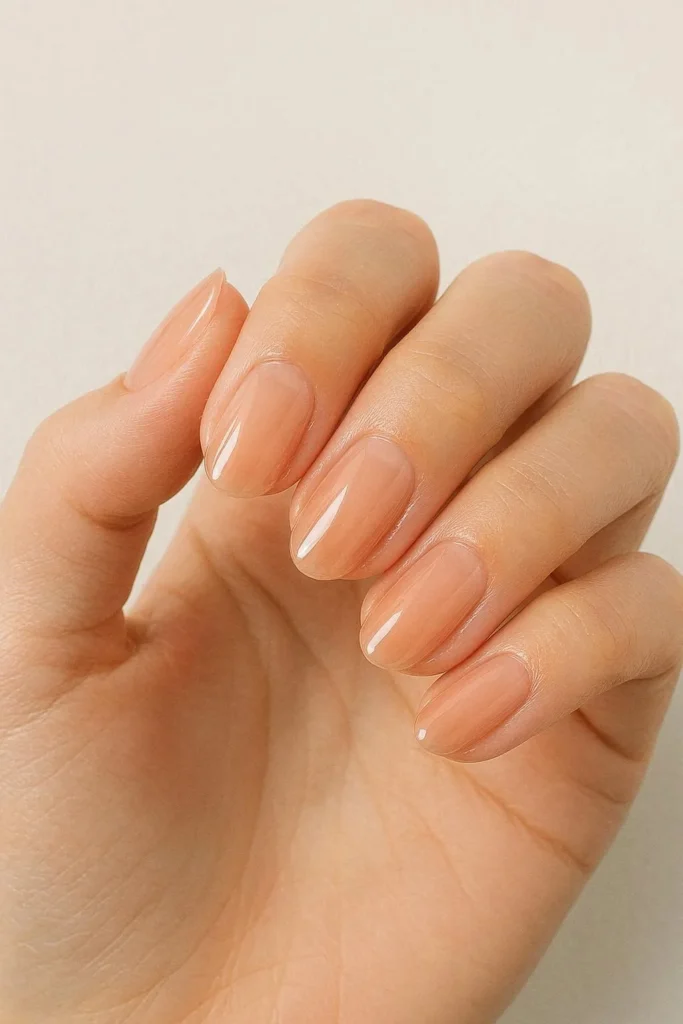 Peach jelly nails with a sheer translucent peachy tint and high shine gel finish on natural nails