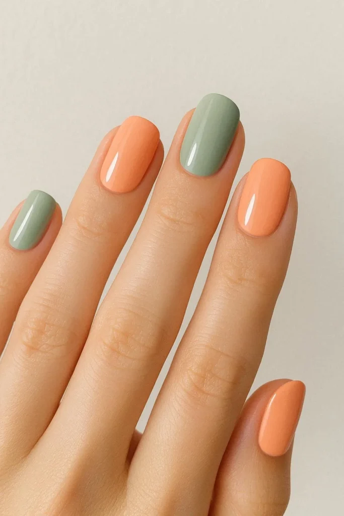 Peach and sage green mix and match nails alternating warm peach coral with soft sage green on medium length nails