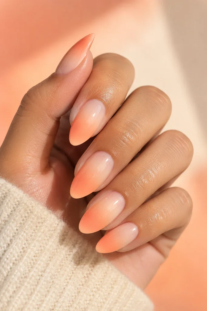 Peach sorbet gradient nails with glossy milky finish
