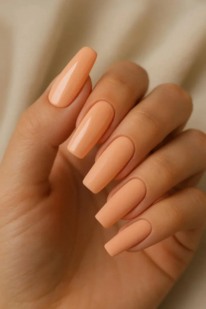 Soft peach spring nails with a creamy glossy finish on medium coffin-shaped nails
