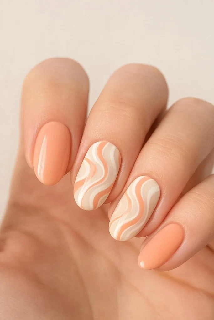 Peach and white swirl nail art painted freehand over a cream base on medium length nails