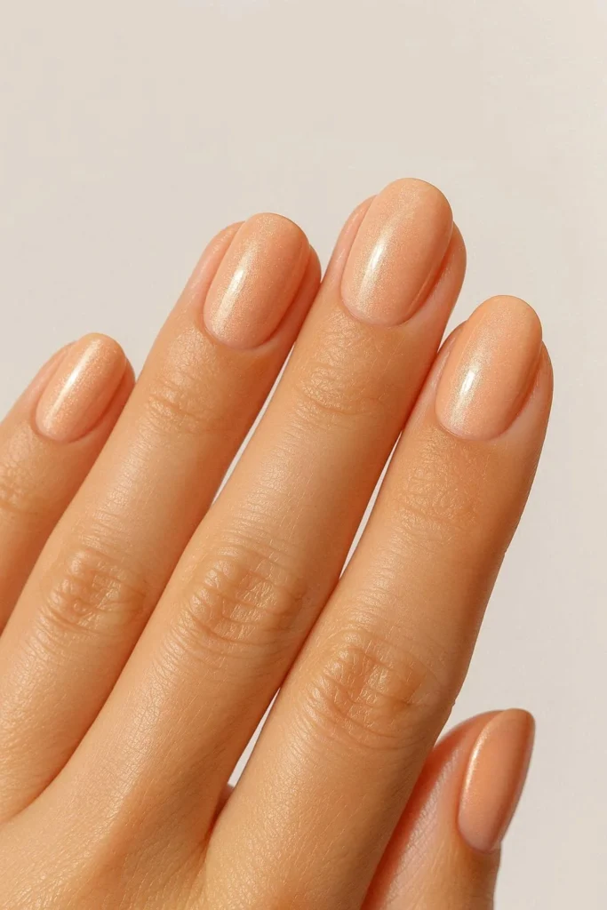 Peachy nude nails with subtle shimmer glow for August manicure