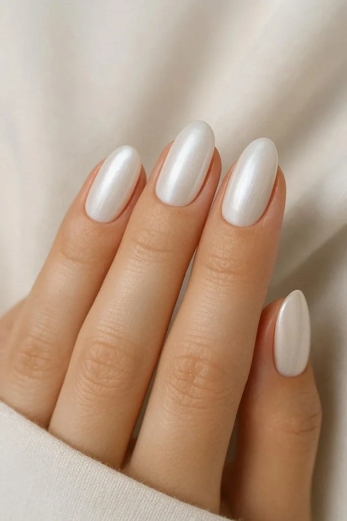 Pearl white nails with an iridescent shimmer elegant finish
