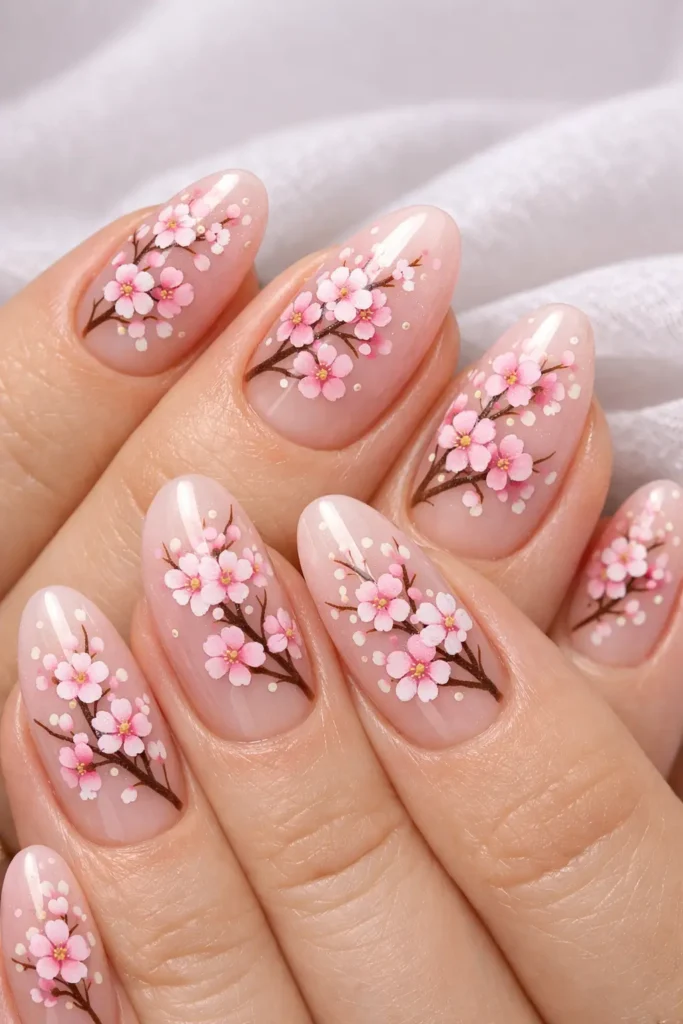  Pink blossom spring nails with hand-painted cherry blossom clusters and brown branches on a sheer pink base
