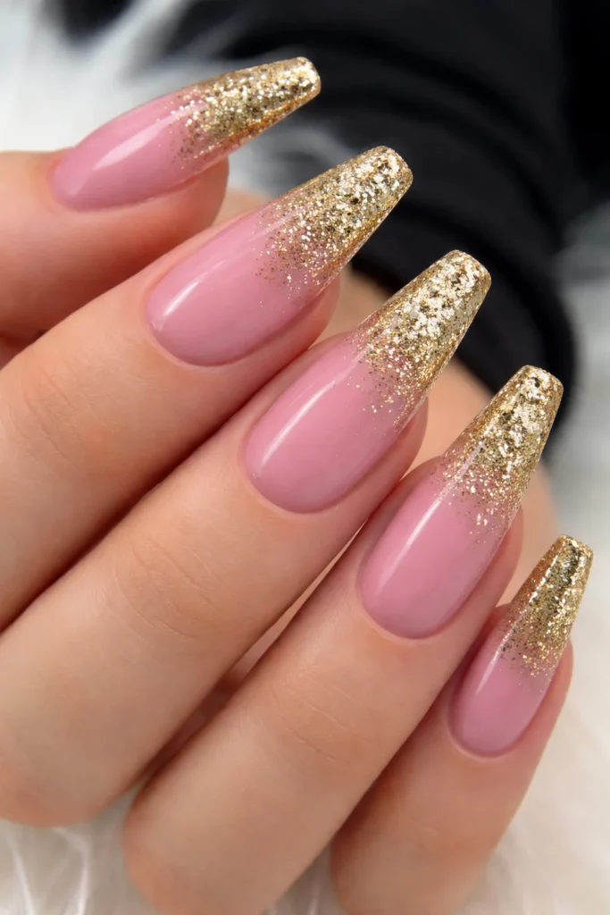 Pink to gold glitter ombre tip nails for birthday on coffin shape