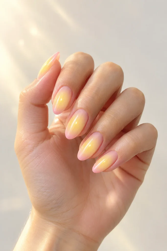 Oval aura nails with a sunny yellow center fading into a soft pink border