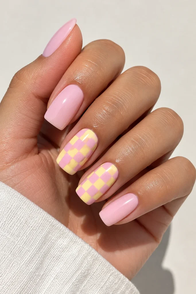 Pink and pollen yellow checkerboard accent nails with a milky pink base