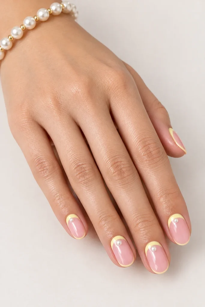 Short oval pink nails with lemon yellow reverse French crescents and pearl accents