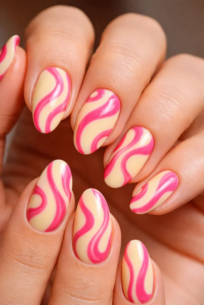 Retro pink and yellow swirl nail art on creamy yellow base