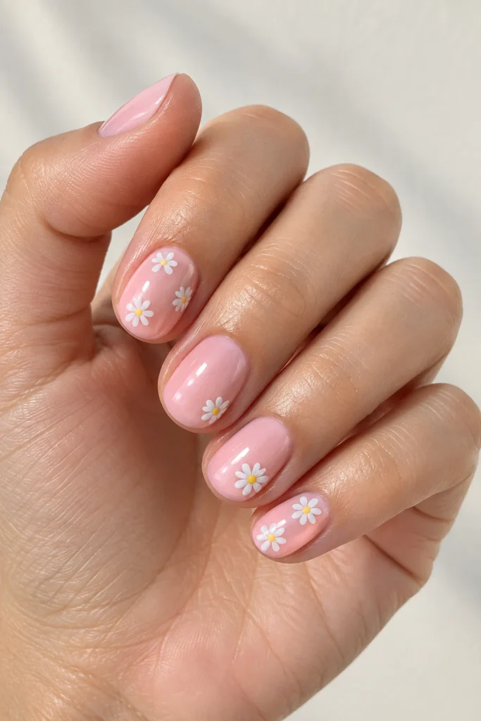 Powder pink nails with tiny white daisy flowers
