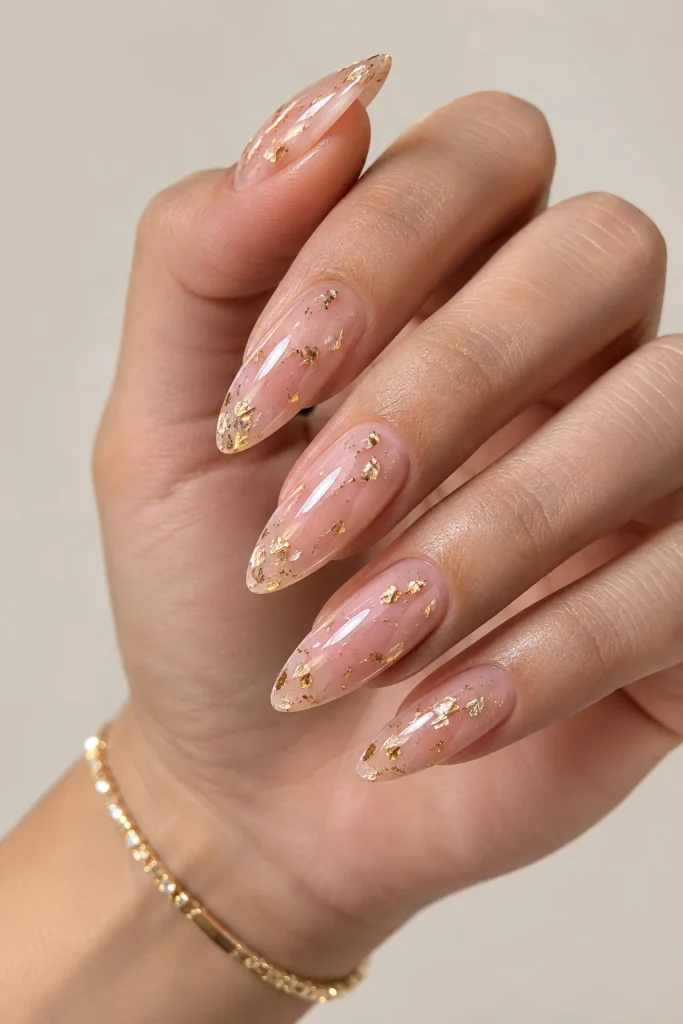 Powder pink glass nails decorated with gold foil flakes
