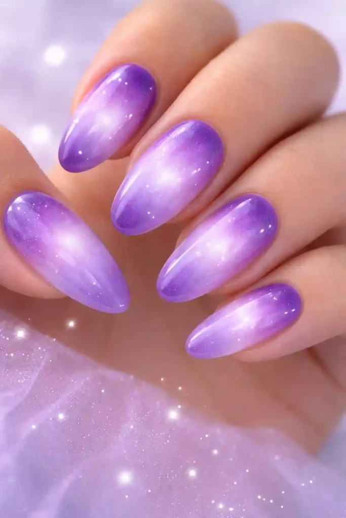 Purple aura nails with soft violet and lavender diffused color wash finish