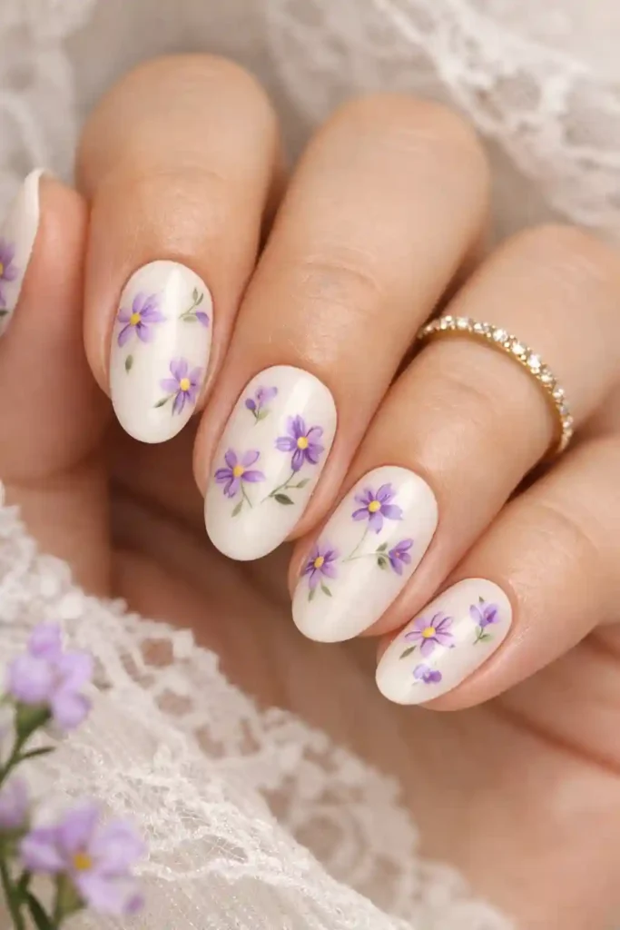 Purple floral nails with hand painted lilac and violet blooms on white base