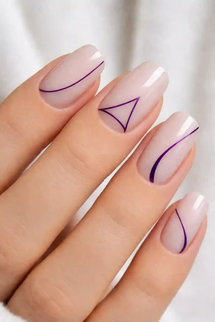 Purple minimalist line art nails with thin violet curved lines on sheer nude base