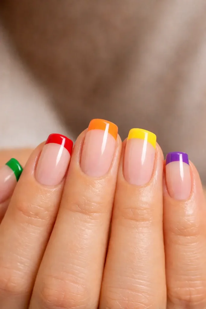 Rainbow french tip nails with each nail tipped in a different color of the rainbow on sheer base